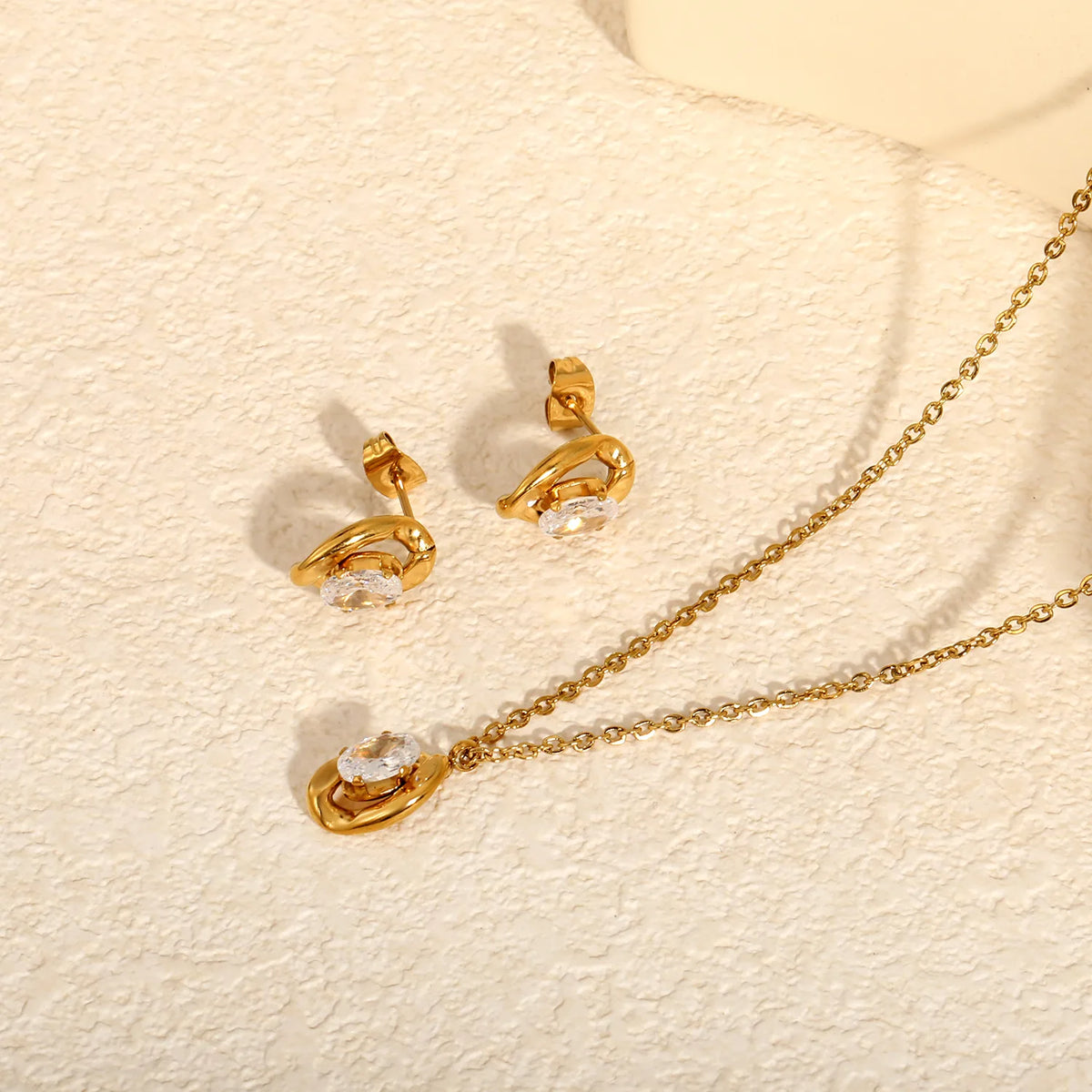 Dainty Irregular Oval Cubic Zirconia Matching Jewelry Set | Zircon Necklace & Earring Studs | 40+5cm Adjustable Chain | Gold & Silver Tone