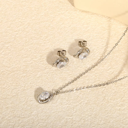 Dainty Irregular Oval Cubic Zirconia Matching Jewelry Set | Zircon Necklace & Earring Studs | 40+5cm Adjustable Chain | Gold & Silver Tone