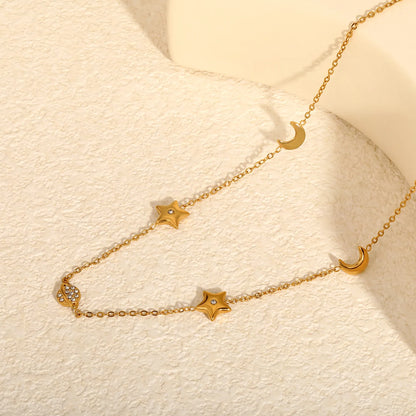 Celestial Star Moon Planet Station Necklace | 6x8mm Moon | 9mm Star | 6x9mm Saturn | 40+5cm Chain | Gold & Silver Tone