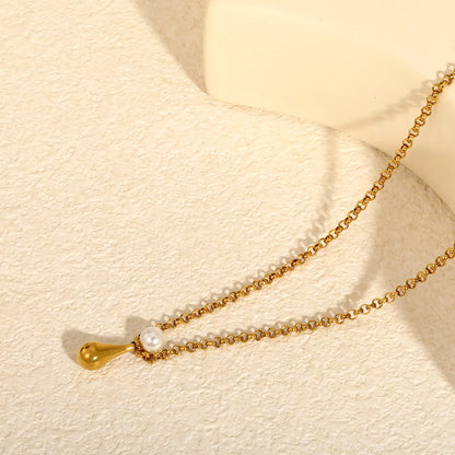 Chunky Rolo Chain Pearl Teardrop Pendant Necklace | 6mm Pearl | 7x13mm Water Drop Charm | 42+5cm Adjustable Chain