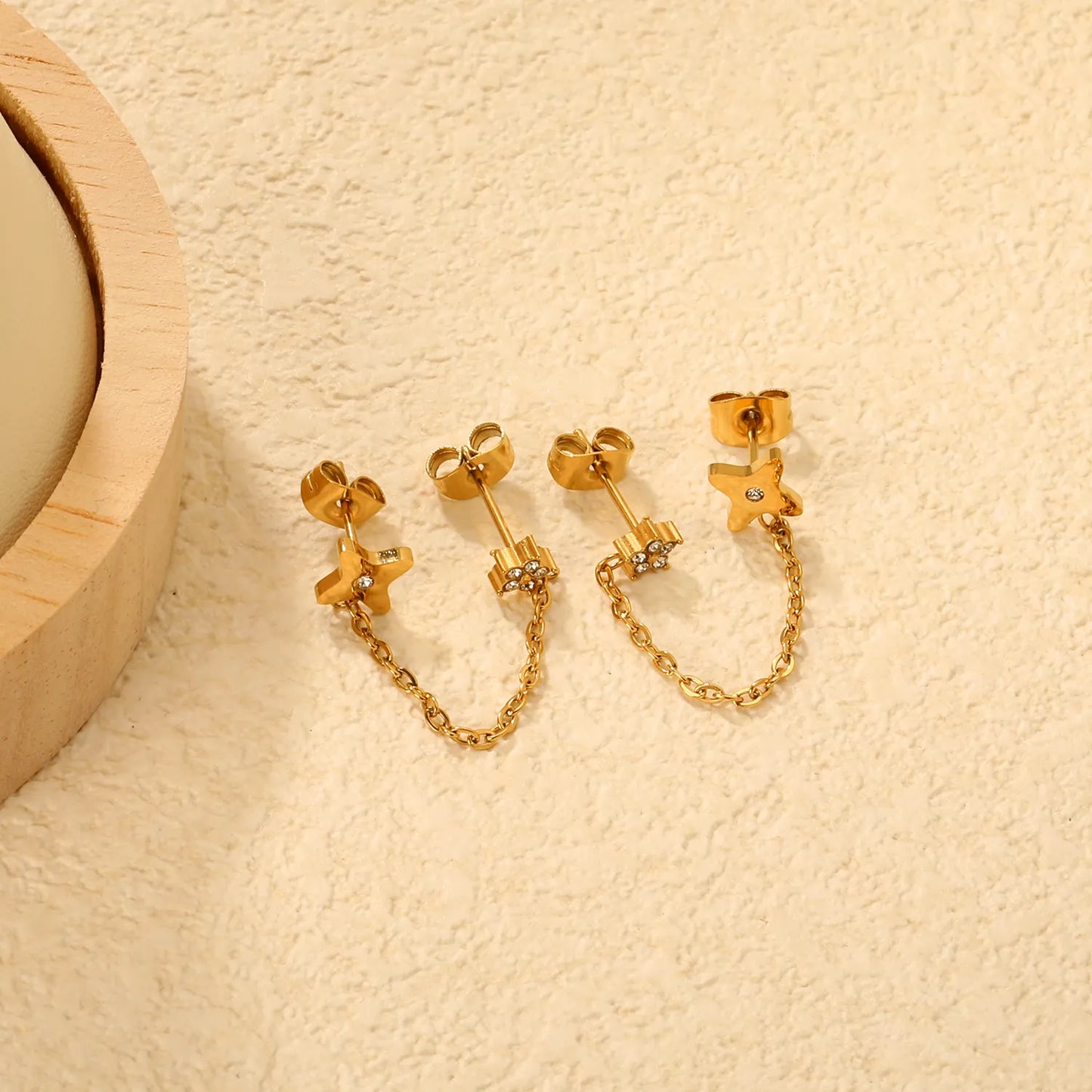 Star & Clover Chain-Linked Gold-Plated Stainless Steel Stud Earrings | Minimalist Asymmetrical Design | Tarnish-Resistant | Wholesale Jewelry | MOQ 12