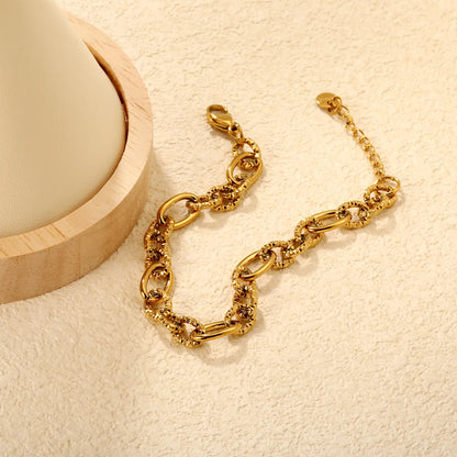 Wholesale Mixed Oval & Textured Link Chain Bracelet in Gold-Plated Stainless Steel | Adjustable Extension | Silver Color Available