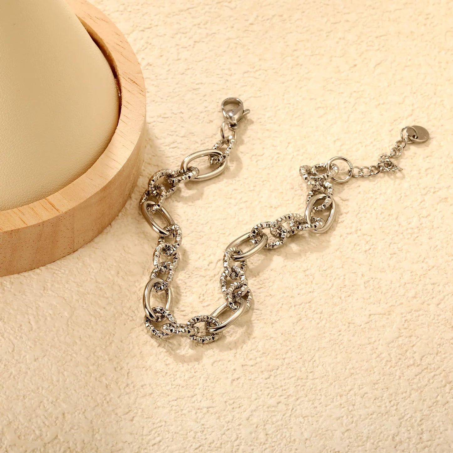 Wholesale Mixed Oval & Textured Link Chain Bracelet in Gold-Plated Stainless Steel | Adjustable Extension | Silver Color Available