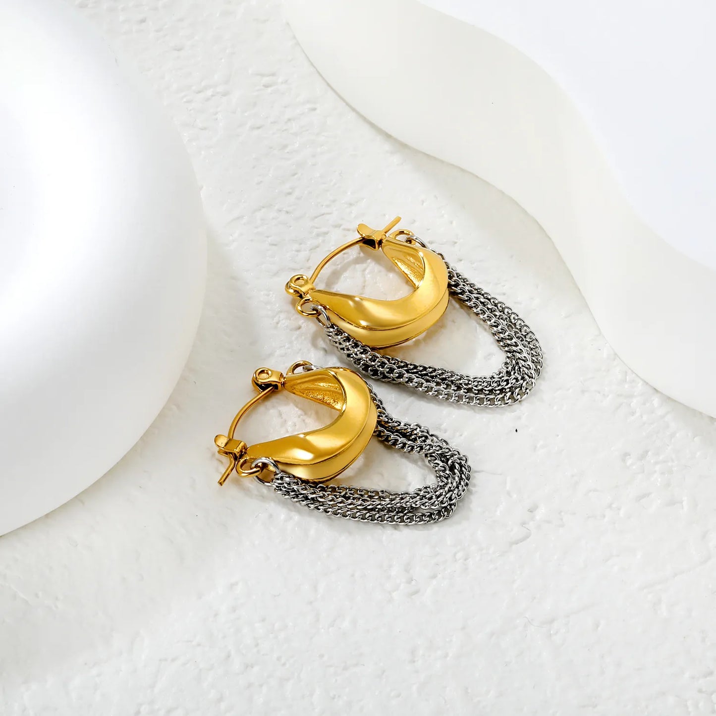 Two-Tone Sculpted Hoop Earrings with Layered Chain Drops | Stainless Steel | Wholesale