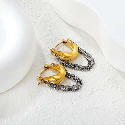 Two-Tone Sculpted Hoop Earrings with Layered Chain Drops | Stainless Steel | Wholesale