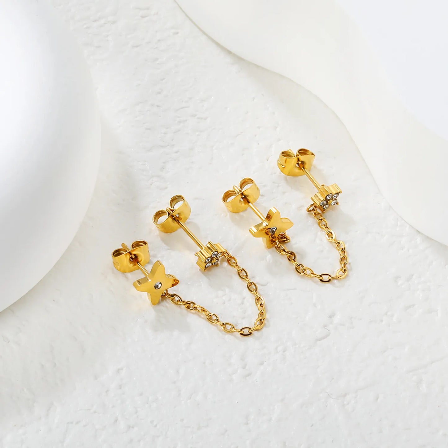 Star & Clover Chain-Linked Gold-Plated Stainless Steel Stud Earrings | Minimalist Asymmetrical Design | Tarnish-Resistant | Wholesale Jewelry | MOQ 12
