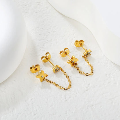 Star & Clover Chain-Linked Gold-Plated Stainless Steel Stud Earrings | Minimalist Asymmetrical Design | Tarnish-Resistant | Wholesale Jewelry | MOQ 12