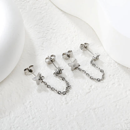 Star & Clover Chain-Linked Gold-Plated Stainless Steel Stud Earrings | Minimalist Asymmetrical Design | Tarnish-Resistant | Wholesale Jewelry | MOQ 12