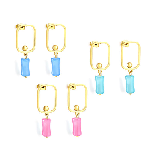 Square Hoops with Steel Beads & Pink & Blue & Green Column Stud Earrings
