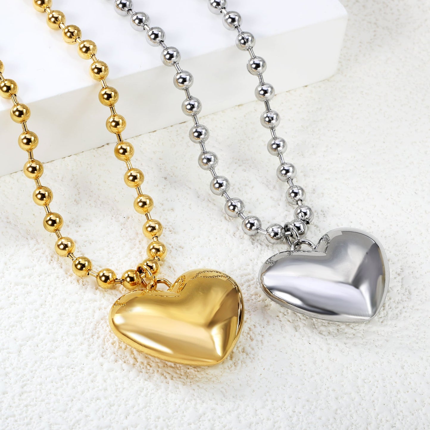 26.5*23mm Hollow Heart Pendant Necklace 4.0 Wave Bead Chain 45+5cm+6mm Round Plaque Steel Color