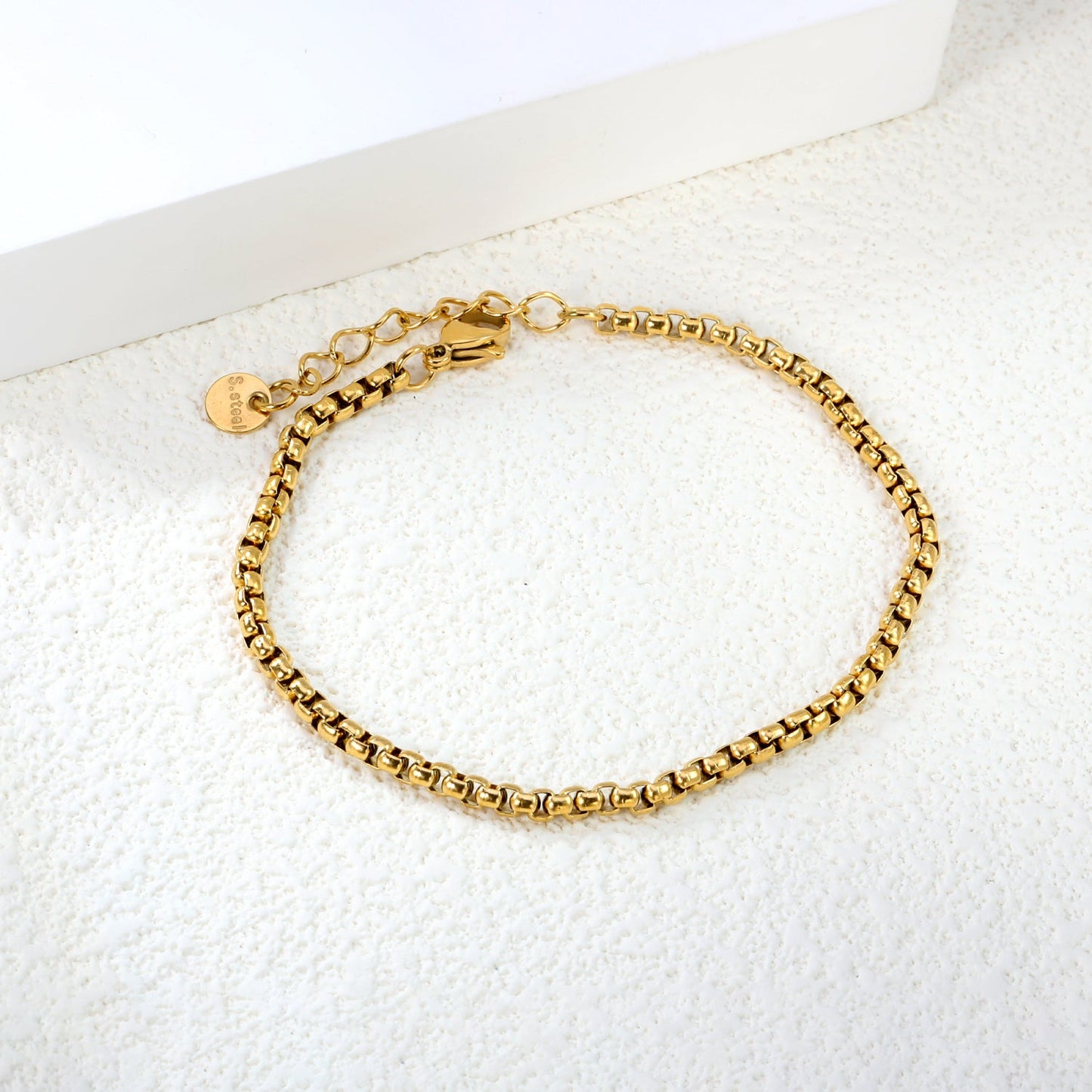 Wide 2mm/3mm Square Pearl Bracelet 18+3cm+6mm Round Tail Plaque Gold Color