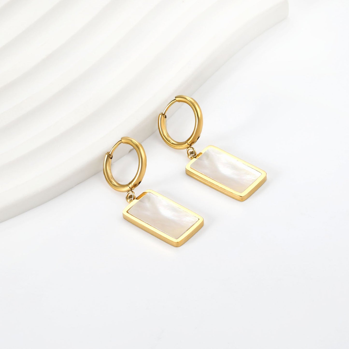 2x13mm Circle with Rectangle White Shell Stud Earrings