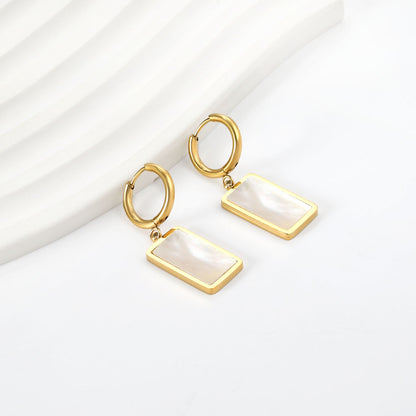 2x13mm Circle with Rectangle White Shell Stud Earrings