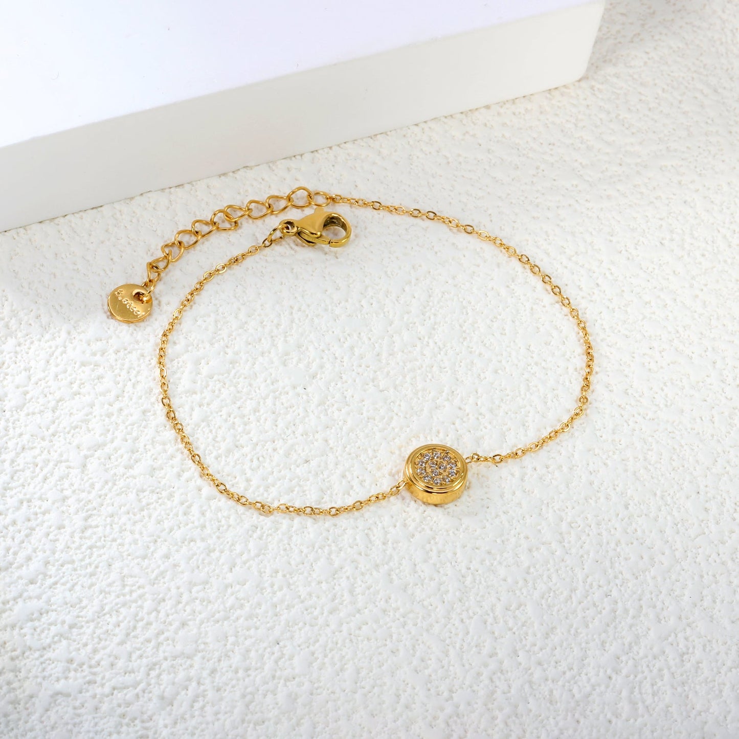 8.5mm Convex Round CNC Zirconium 0.3 Cross Bracelet 18+3cm+6mm Round Tail Plaque Gold Color