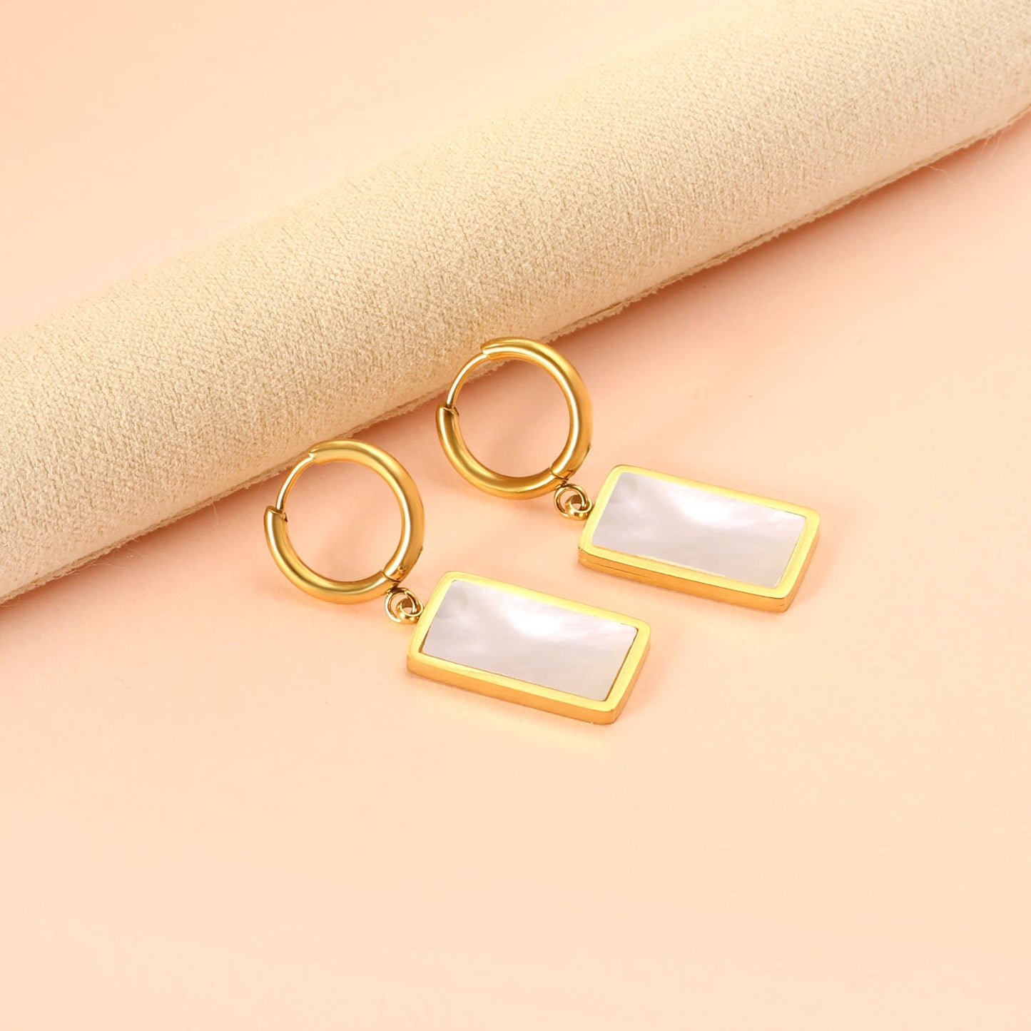 2x13mm Circle with Rectangle White Shell Stud Earrings