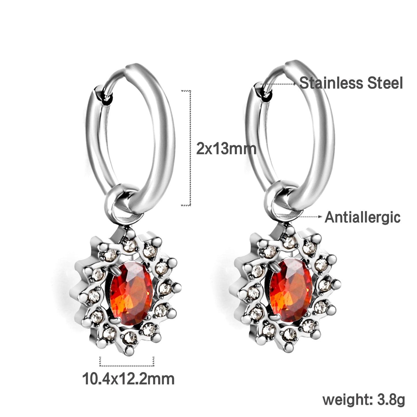 2x13mm Round with Oval White Diamonds + White & Red & Pink & Blue & Green Diamond Hoop Earrings