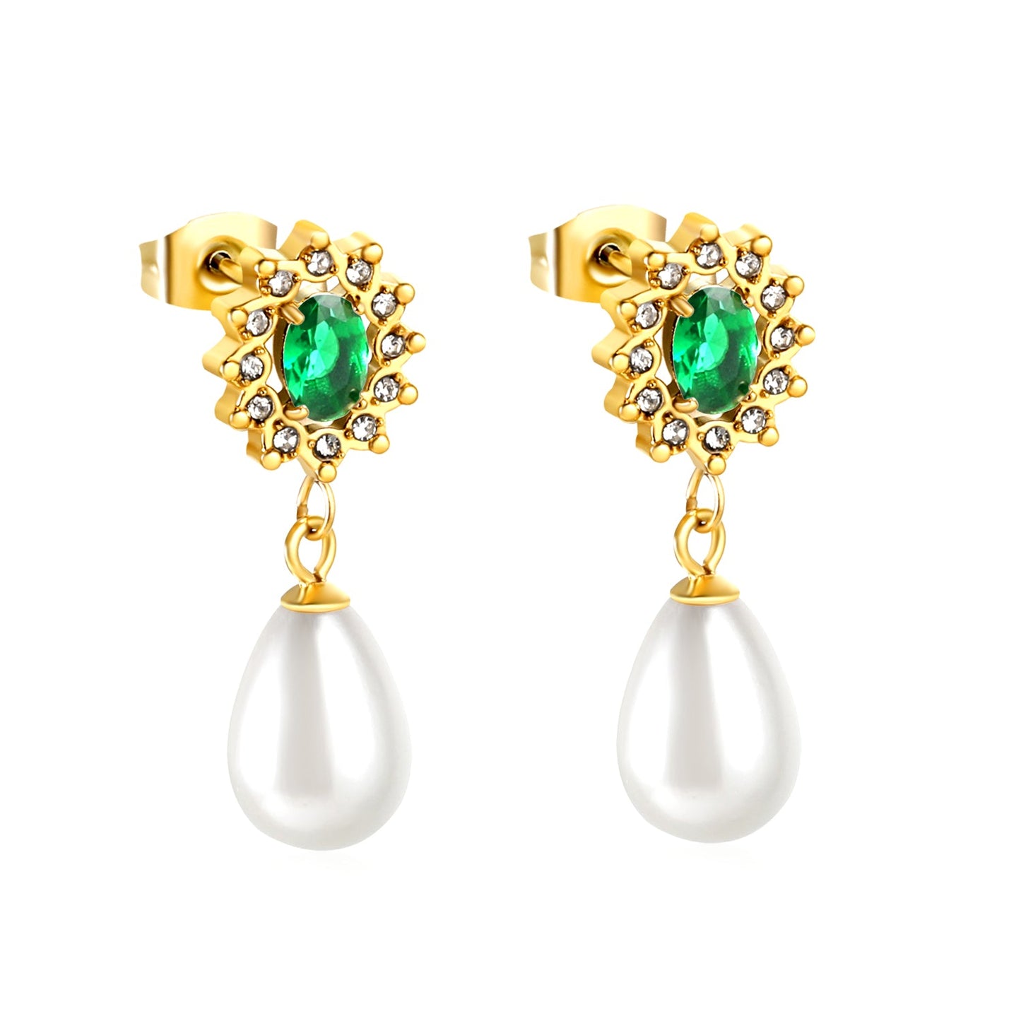 Heart Green Diamonds + White Diamond Hoops with Teardrop White Pearls Stud Earrings