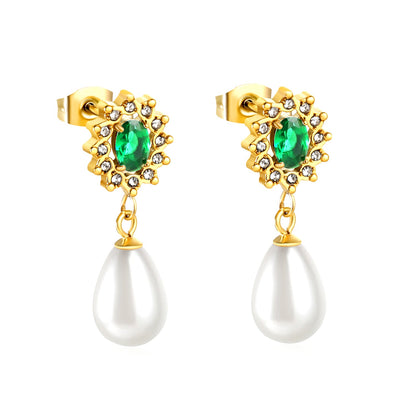 Heart Green Diamonds + White Diamond Hoops with Teardrop White Pearls Stud Earrings