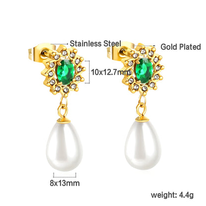 Heart Green Diamonds + White Diamond Hoops with Teardrop White Pearls Stud Earrings