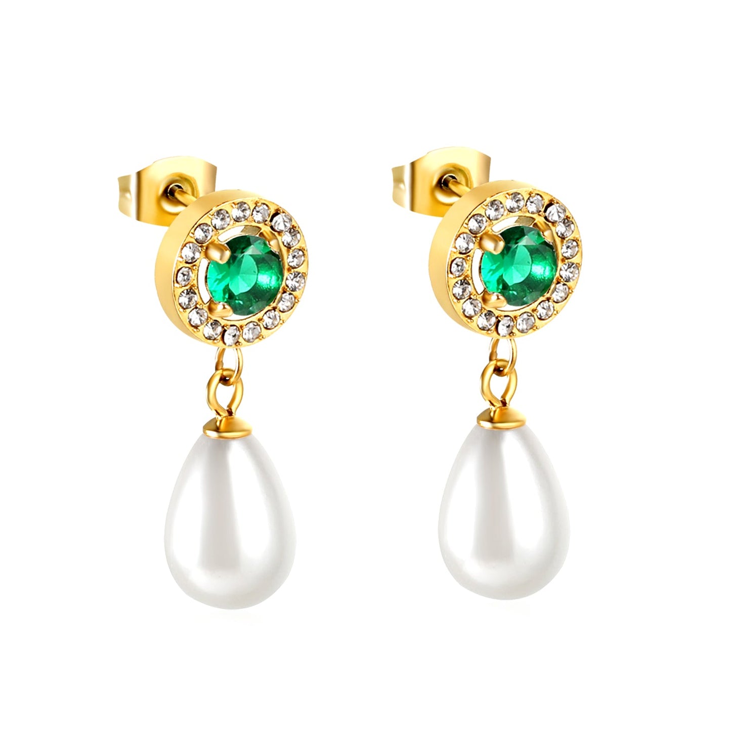 Heart Green Diamonds + White Diamond Hoops with Teardrop White Pearls Stud Earrings