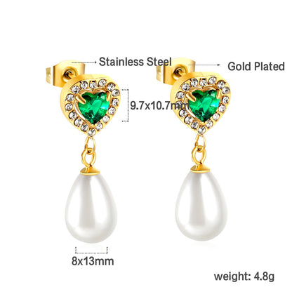 Heart Green Diamonds + White Diamond Hoops with Teardrop White Pearls Stud Earrings