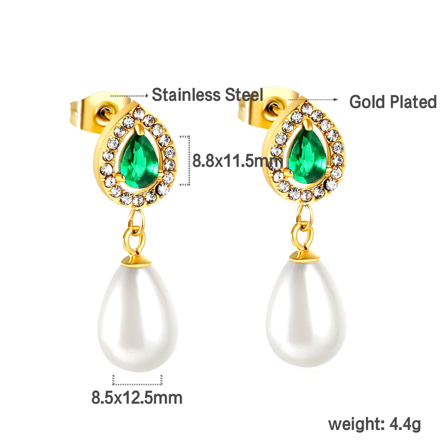 Heart Green Diamonds + White Diamond Hoops with Teardrop White Pearls Stud Earrings