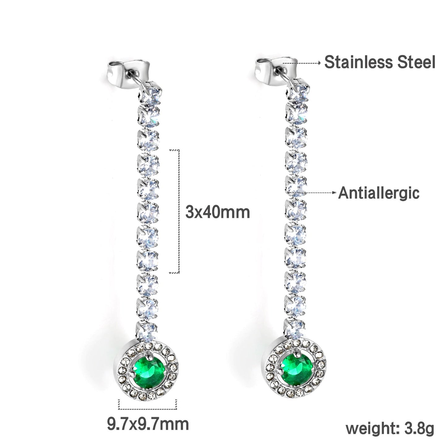 Square Baguette White Diamonds with Round Green Diamonds + White Diamond Hoop Earrings