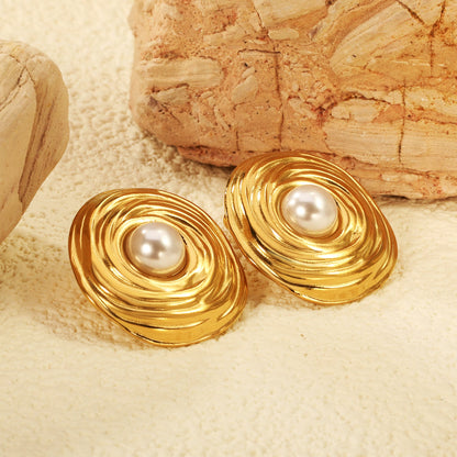 21.6*22.7mm Textured Irregular Round with 7mm Halved White Gum Bead Stud Earrings Gold