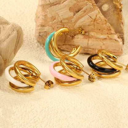 Wire 3*W16*H20mm Triple C-shaped with center white/black/pink/mint green drop earrings gold color