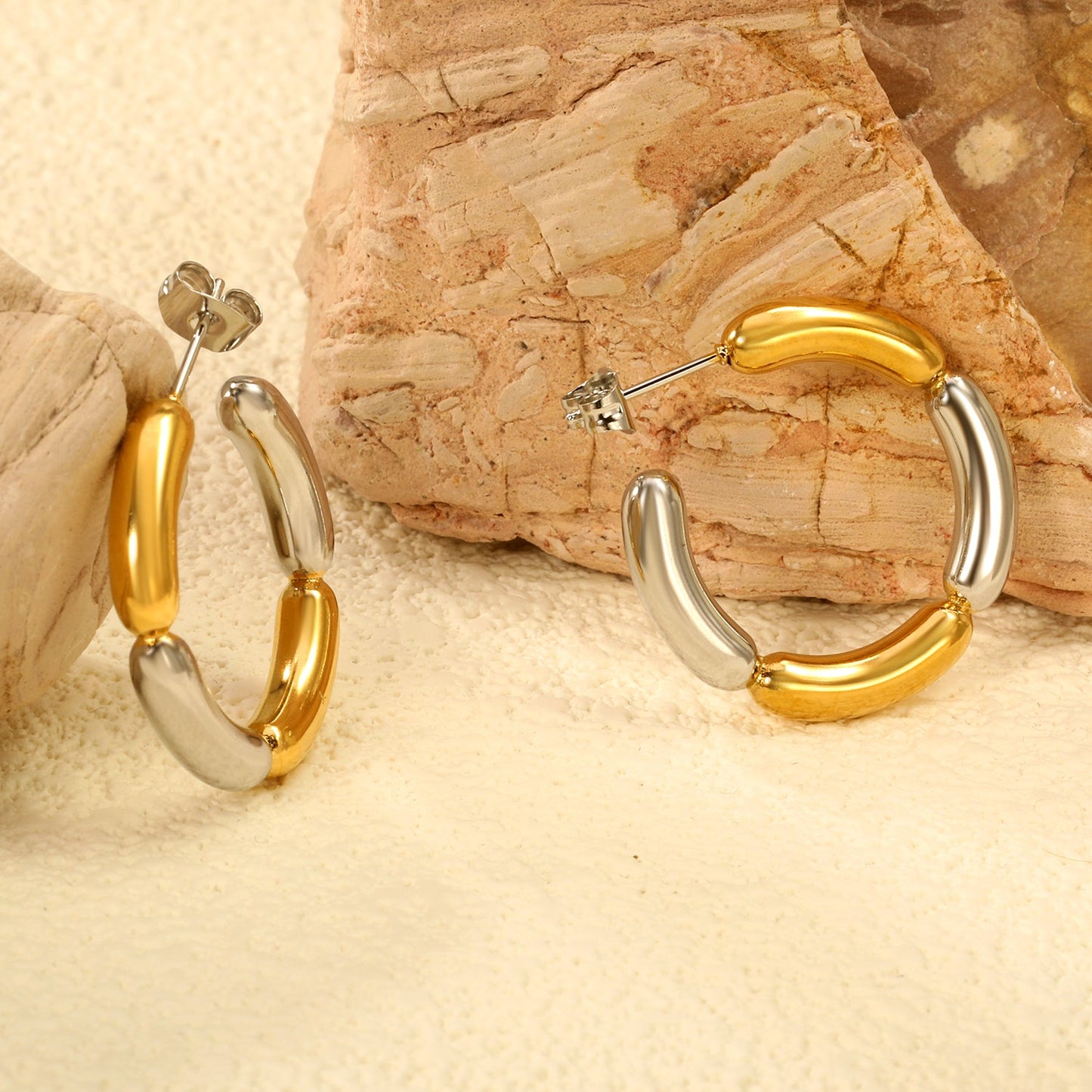 C Shape 4 Sections Sausage Earrings Thick 4.2*27mm Meso Goldtone