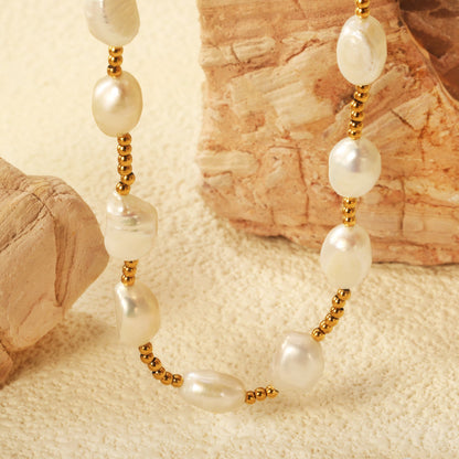 7*9mm freshwater pearl+2mm steel bead necklace 40+5cm+6mm round plaque Gold color