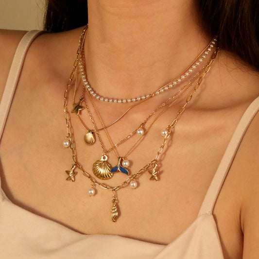Jewelry 18k Pvd Gold Plated Ocean Shell Conch Moon Heart Star Layered Necklace Summer Chain Pendant Necklace