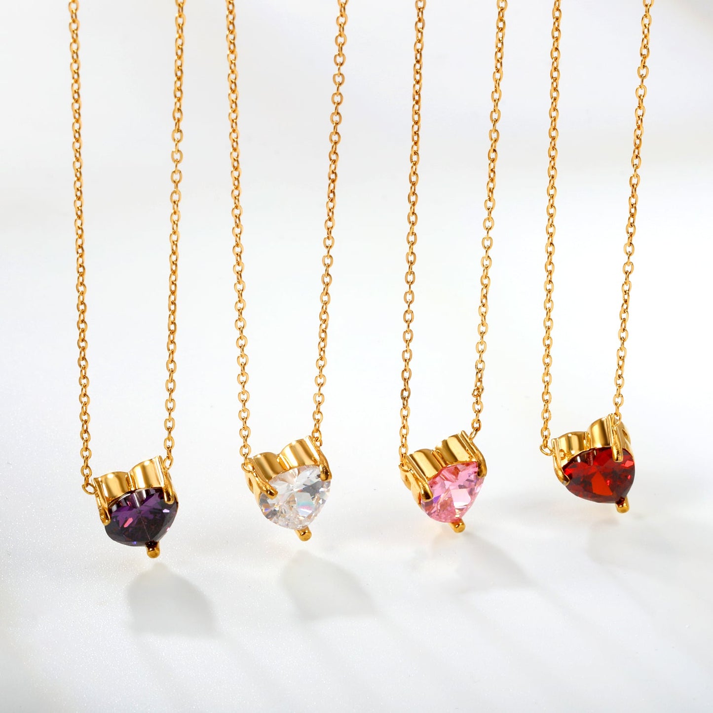 8.4*9.4mm heart shaped white zirconium/purple zirconium/garnet red zirconium/pink zirconium pendant necklace 0.3 cross chain 40+5cm+6mm round end tag gold color