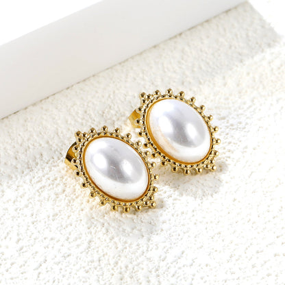 Loose Bead Edge Oval with White Pearl Earrings 14.8*21mm