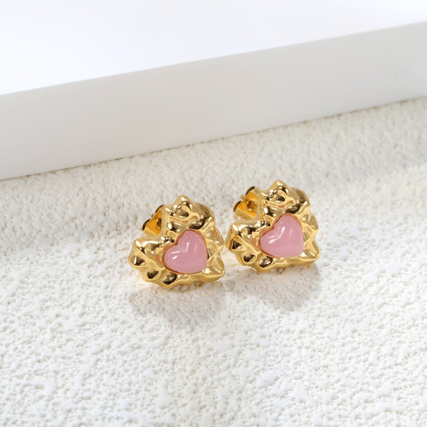 Pink & Green & Navy Blue Diamonds Convex Heart Stud Earrings 15*15.6mm Gold Color