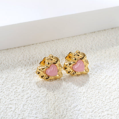 Pink & Green & Navy Blue Diamonds Convex Heart Stud Earrings 15*15.6mm Gold Color