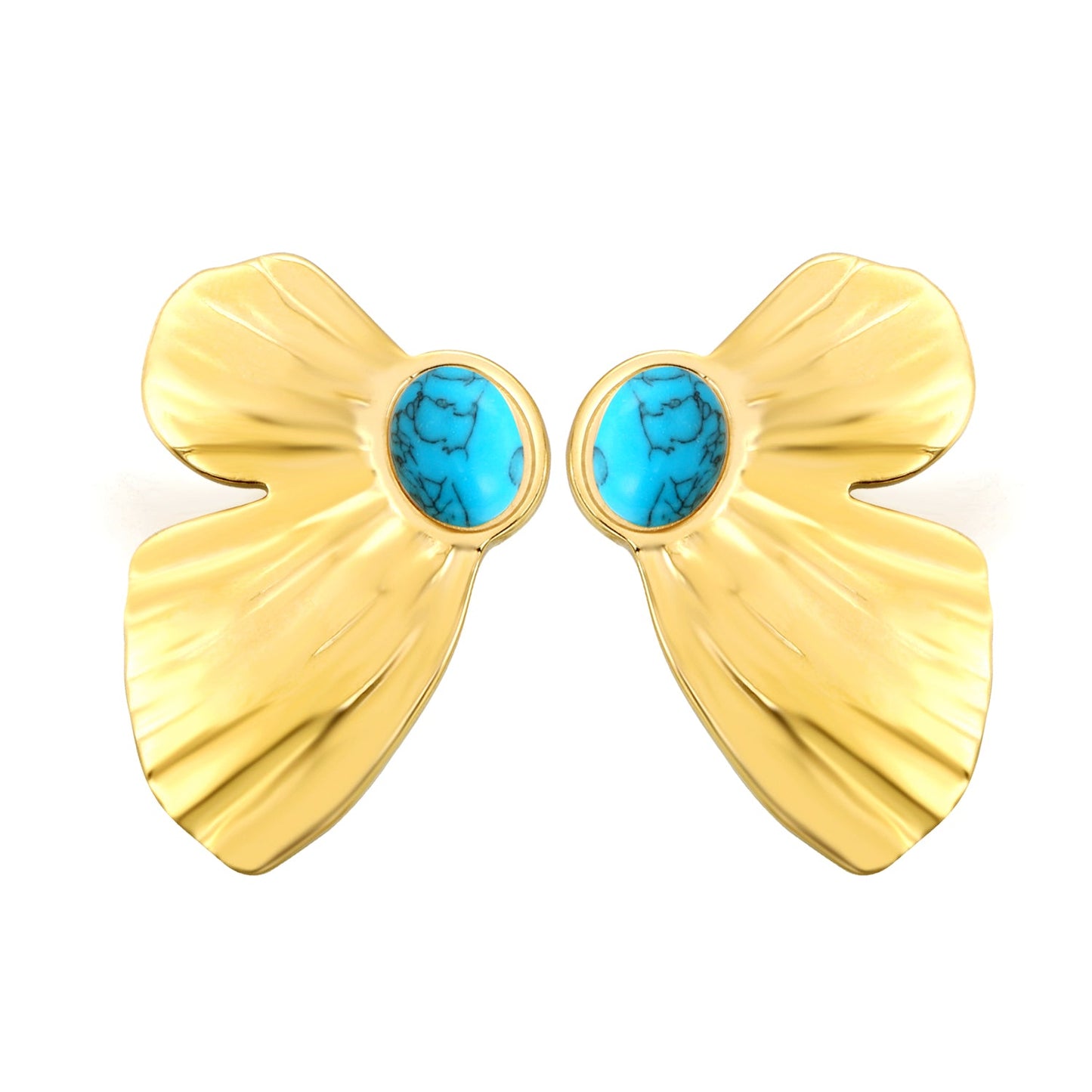24*37mm Butterfly wings with half 7.6*9.8mm oval blue turquoise/white gum beads earrings gold color