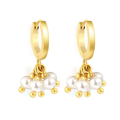 Cluster Bead Huggie Drop Earrings | 2x9mm Hoop 4mm Beads | 18K Gold Plated | Multi-Color Options | Wholesale MOQ 12