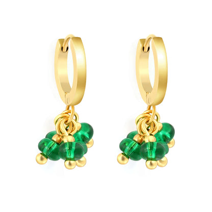 Cluster Bead Huggie Drop Earrings | 2x9mm Hoop 4mm Beads | 18K Gold Plated | Multi-Color Options | Wholesale MOQ 12
