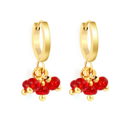 Cluster Bead Huggie Drop Earrings | 2x9mm Hoop 4mm Beads | 18K Gold Plated | Multi-Color Options | Wholesale MOQ 12
