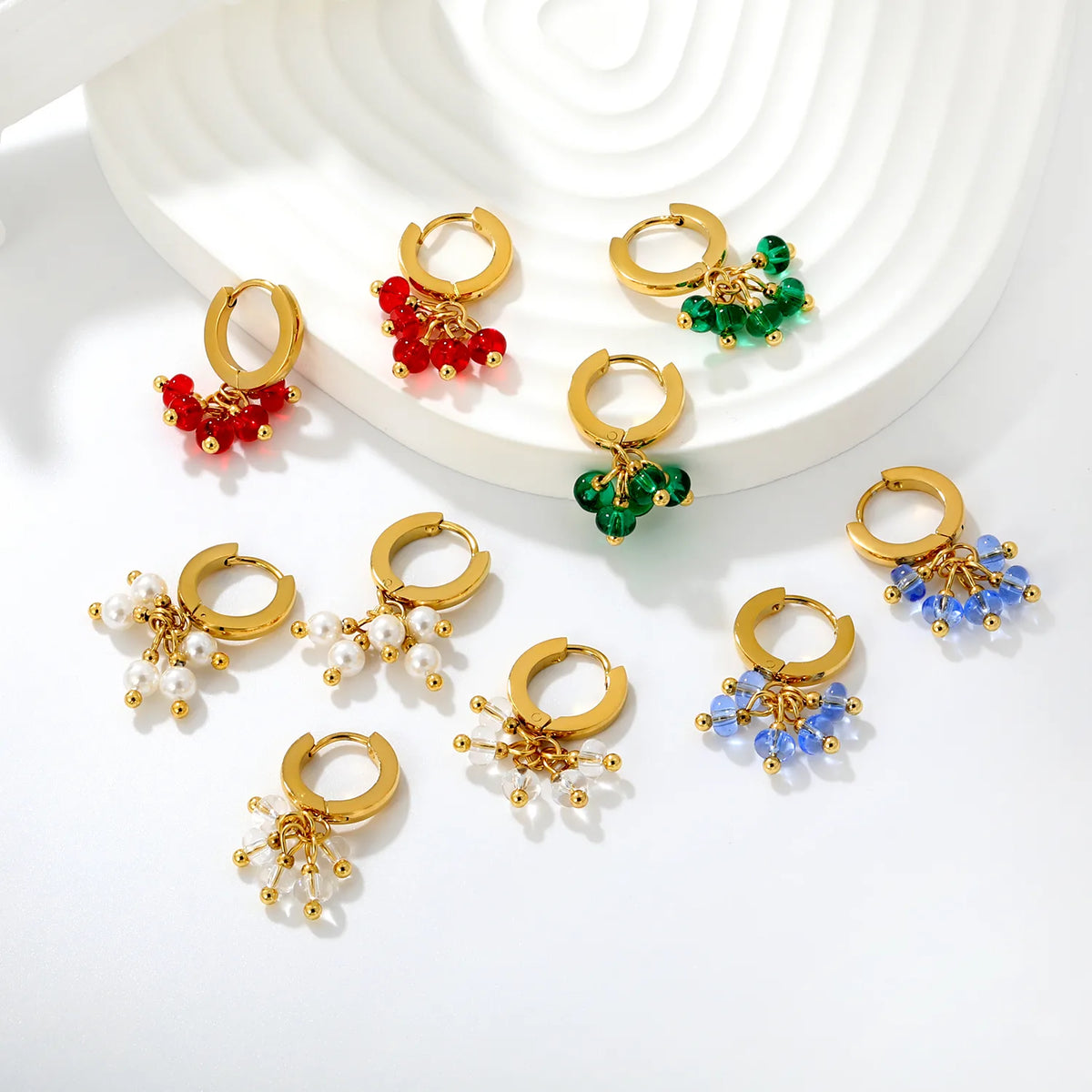 Cluster Bead Huggie Drop Earrings | 2x9mm Hoop 4mm Beads | 18K Gold Plated | Multi-Color Options | Wholesale MOQ 12