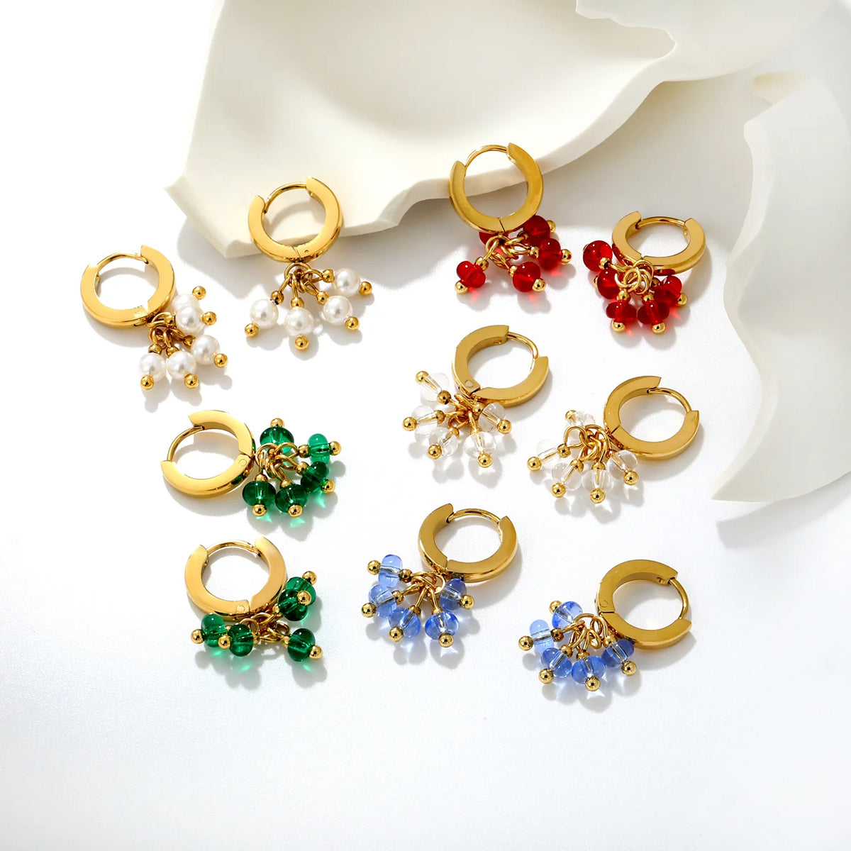 Cluster Bead Huggie Drop Earrings | 2x9mm Hoop 4mm Beads | 18K Gold Plated | Multi-Color Options | Wholesale MOQ 12