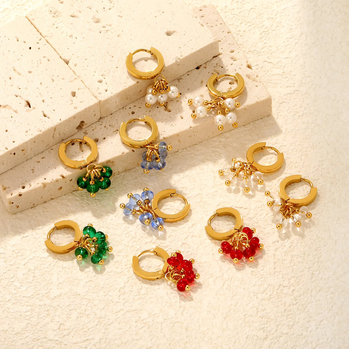 Cluster Bead Huggie Drop Earrings | 2x9mm Hoop 4mm Beads | 18K Gold Plated | Multi-Color Options | Wholesale MOQ 12