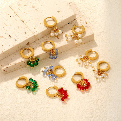 Cluster Bead Huggie Drop Earrings | 2x9mm Hoop 4mm Beads | 18K Gold Plated | Multi-Color Options | Wholesale MOQ 12