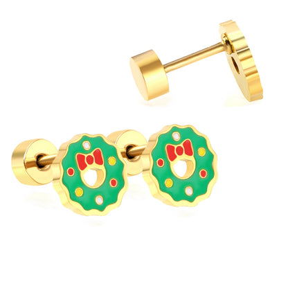 Children's Christmas green oil drop round twist plug earrings gold color