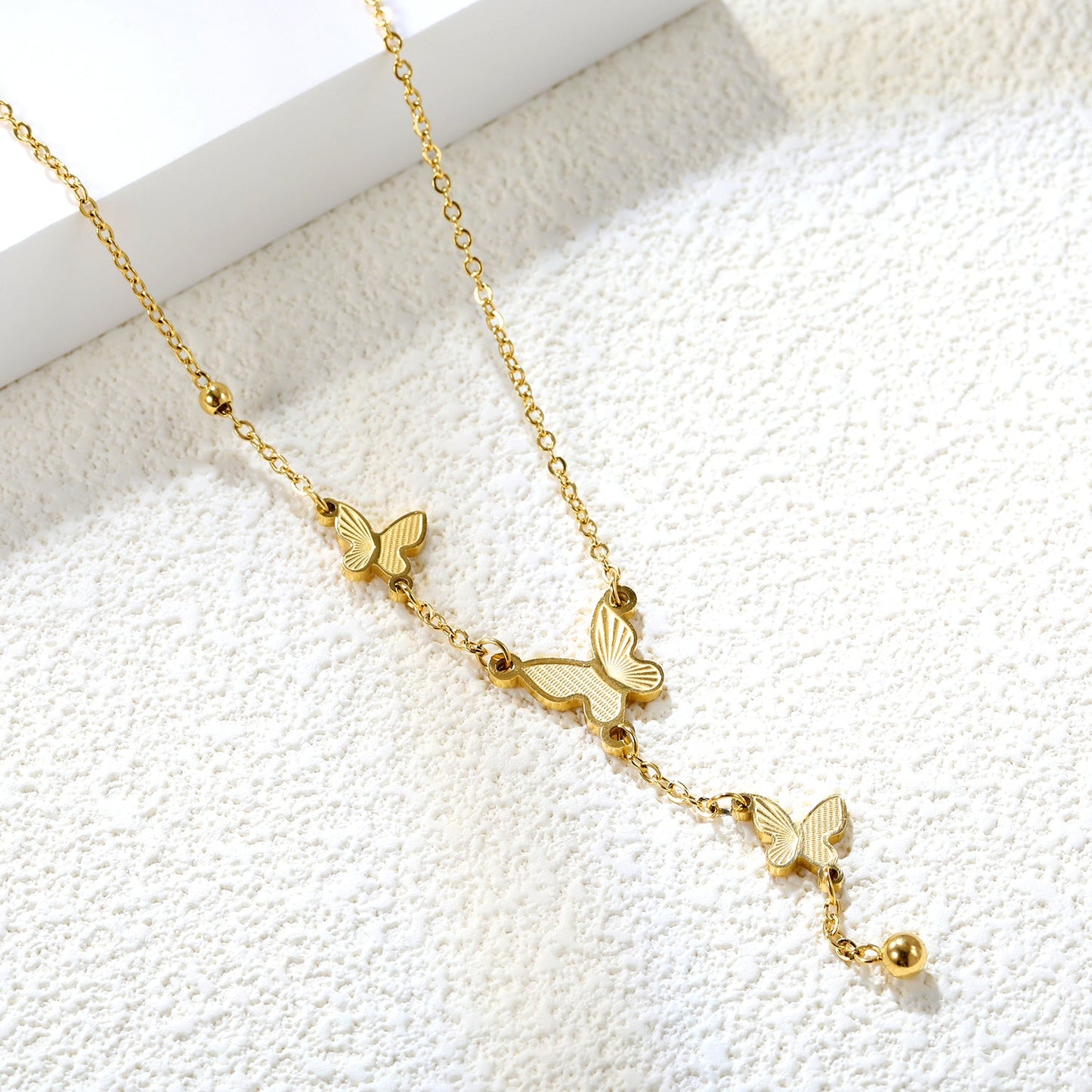 3 size textured butterflies + 2 size steel beads accessories necklace 42+5cm
