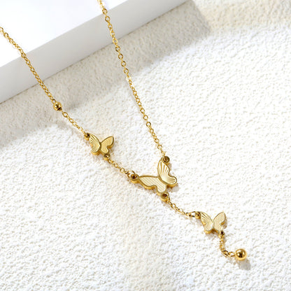 3 size textured butterflies + 2 size steel beads accessories necklace 42+5cm