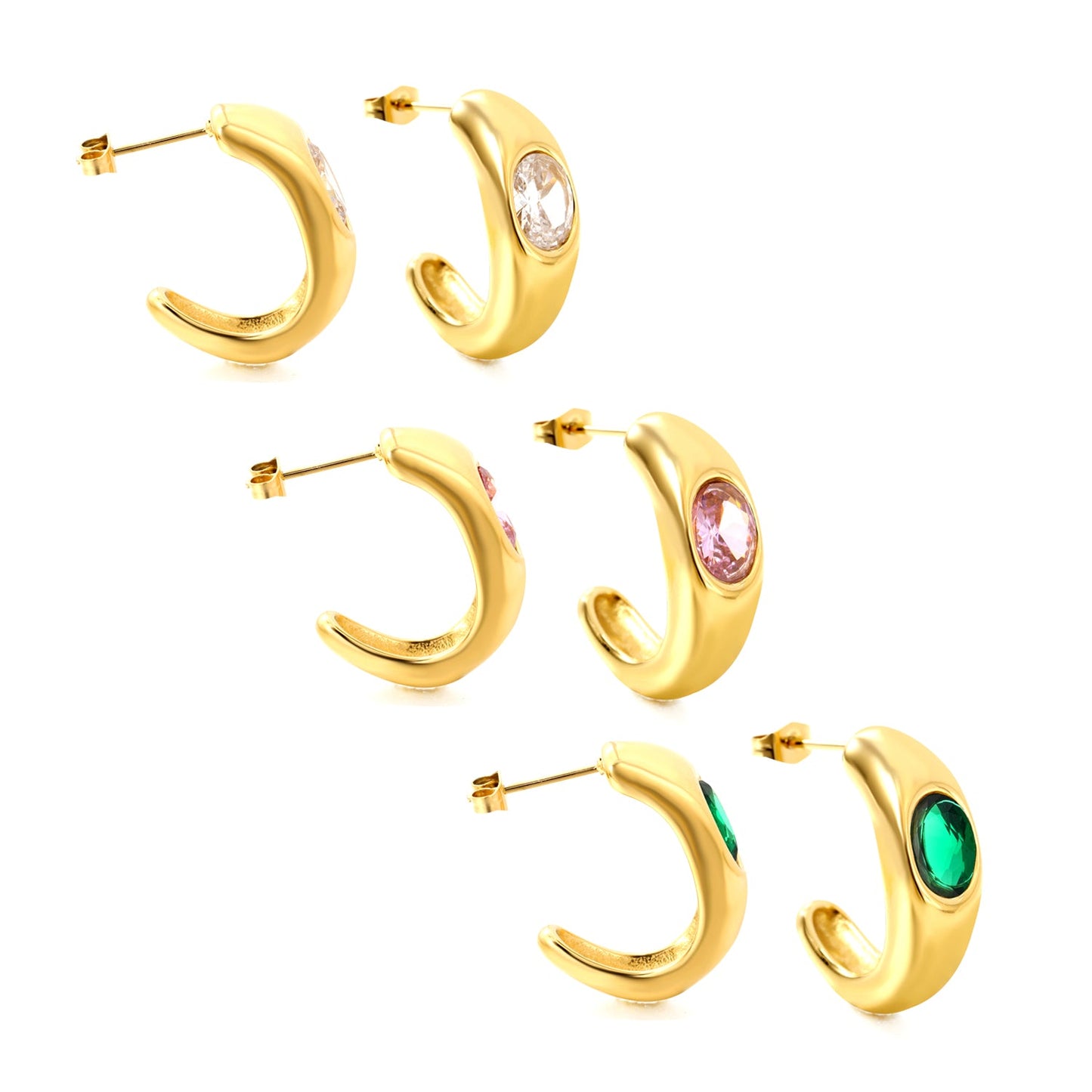 Size head half hoop with white & green diamonds & pink diamonds earrings 8.2*23mm