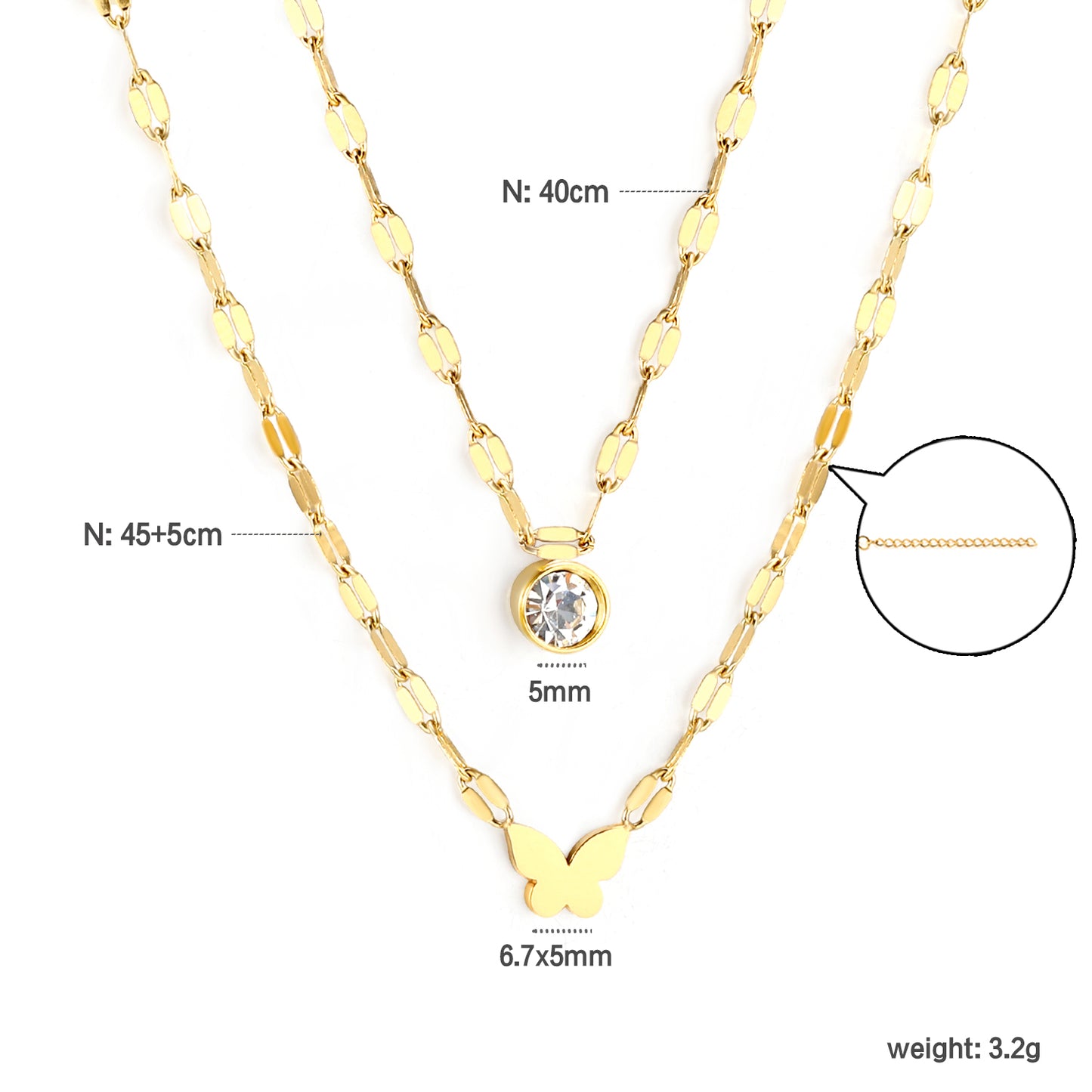 nickel-free Stainless Steel Double-Layer Chain with Butterfly Pendant