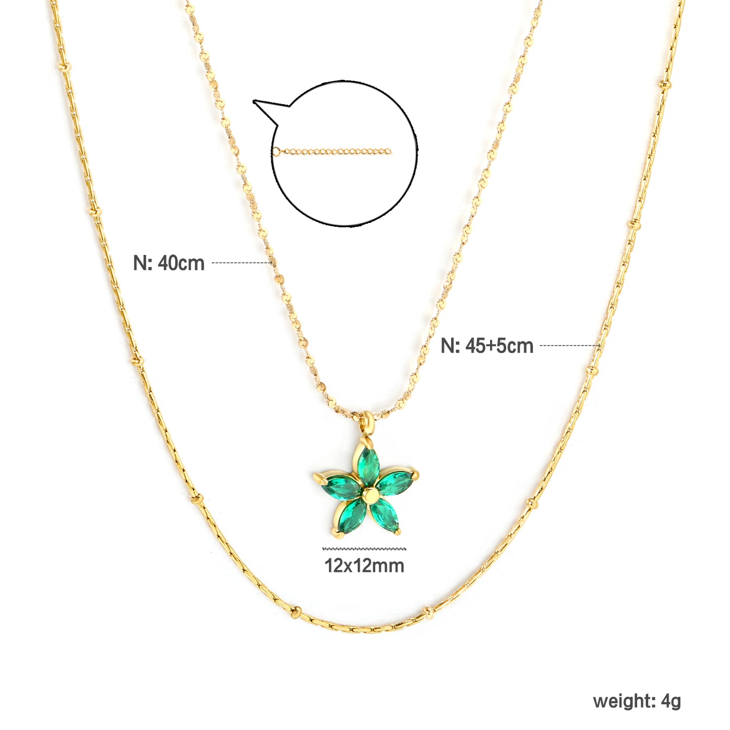 45+40+5cm Waterproof 18k Gold Plated Stainless Steel 12*12mm Zircon Flower Pendant Necklace Jewelry